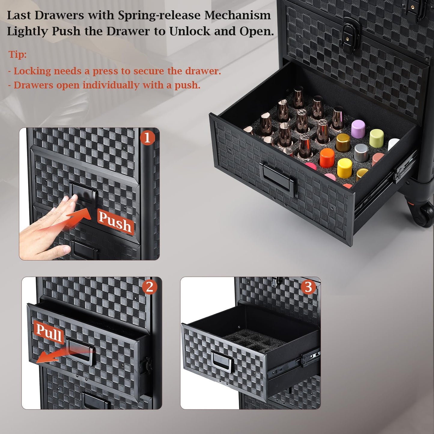 Stagiant Rolling Makeup Case with Drawers Cosmetology Case on Wheels 3 IN 1 Makeup Case 2 Drawers with Foot Stand Spring-release Mechanism Rolling Make Up Organizer for Artist Salon Nail Teach Trunk