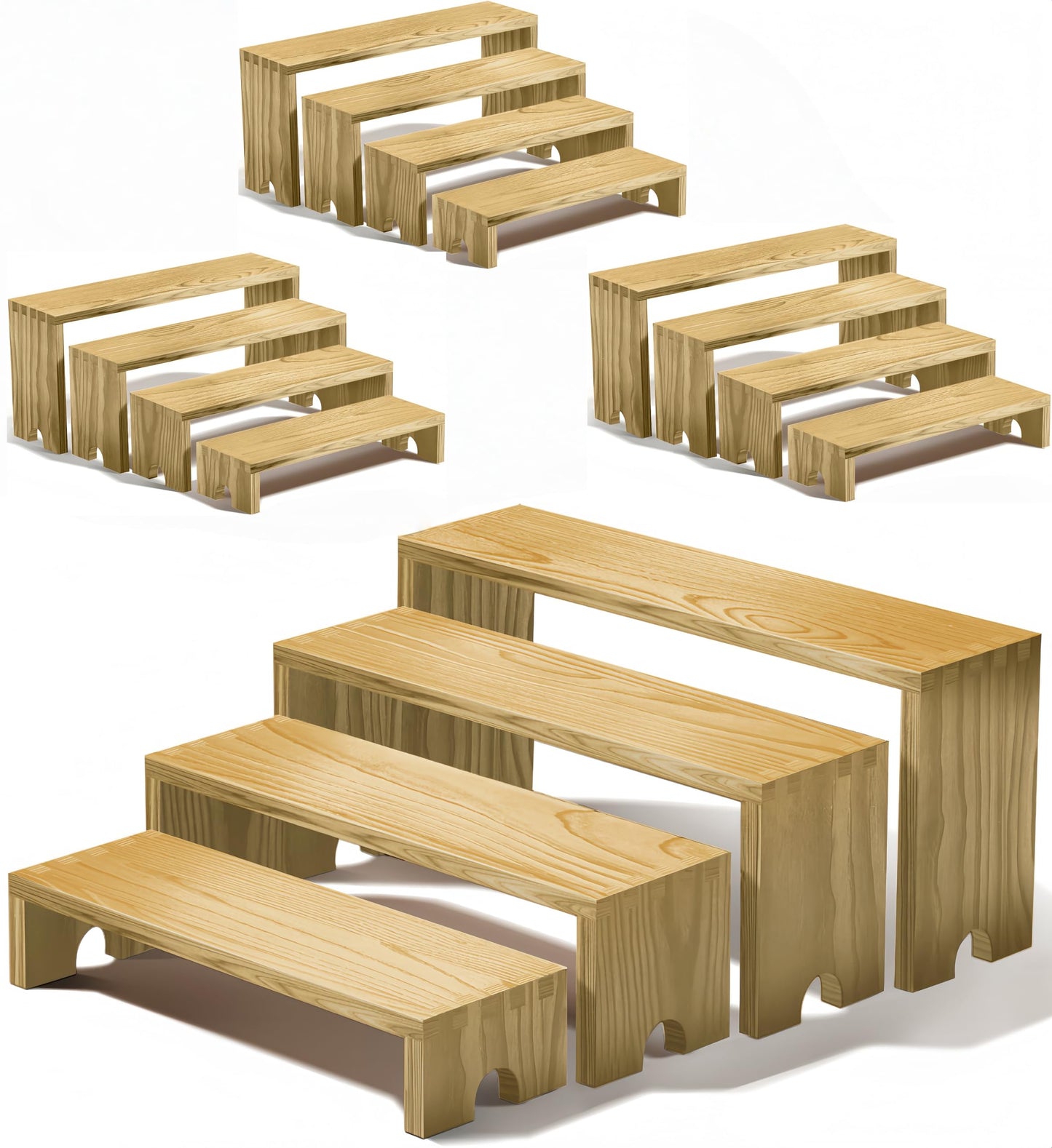 Large 4 Set wood tone Wooden Tiered Display Stands 4 Tier Stackable Pine Wood Display Risers, Suitable for Vendor Events, Cupcake Stands, cake stand Wooden Dessert Table Sets, Vendor Booth Displays,Cosmetic & Perfume Display Tools, Kitchen Spice Storage,