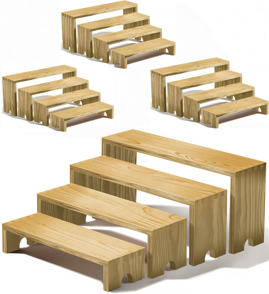 Large 4 Set wood tone Wooden Tiered Display Stands 4 Tier Stackable Pine Wood Display Risers, Suitable for Vendor Events, Cupcake Stands, cake stand Wooden Dessert Table Sets, Vendor Booth Displays,Cosmetic & Perfume Display Tools, Kitchen Spice Storage,