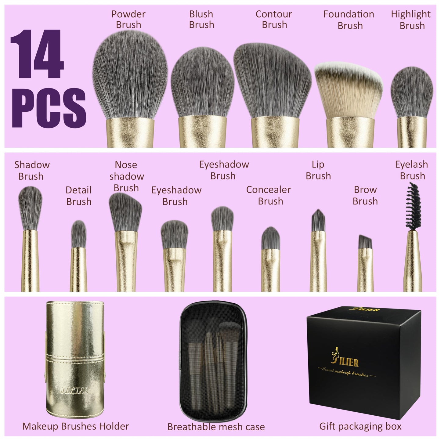 Jilier Travel Makeup Brush Set, 14 pcs Mini Makeup Brushes for Foundation, Powder, Eyeshadow, Highlight, Contour, Blush & Concealer, Small Makeup Brush Set Purse Size with Case
