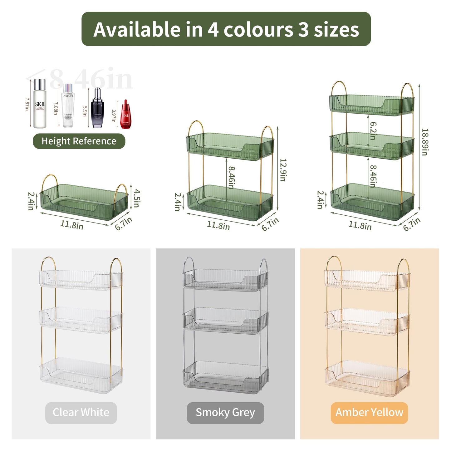 Akinbas 3 Tier Bathroom Organizer Countertop Makeup Perfume Tray Skincare Organizer for Bathroom Dresser Vanity (Green)