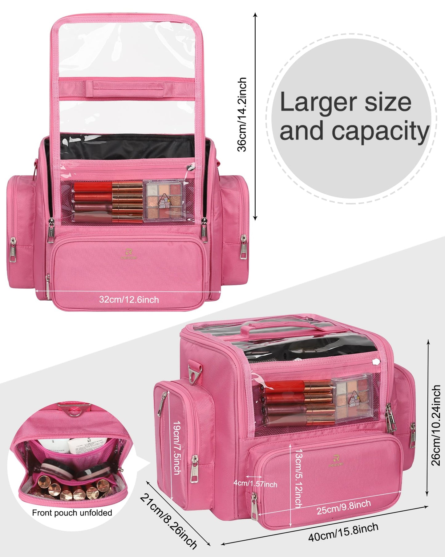 NAONAYA Pink Makeup Brush Bag, Clear Makeup Brush Holder with Lid, Extra Large Capacity Travel Cosmetic Bag Makeup Artist Must Haves,Make Up Organizers and Storage, with Adjustable Dividers