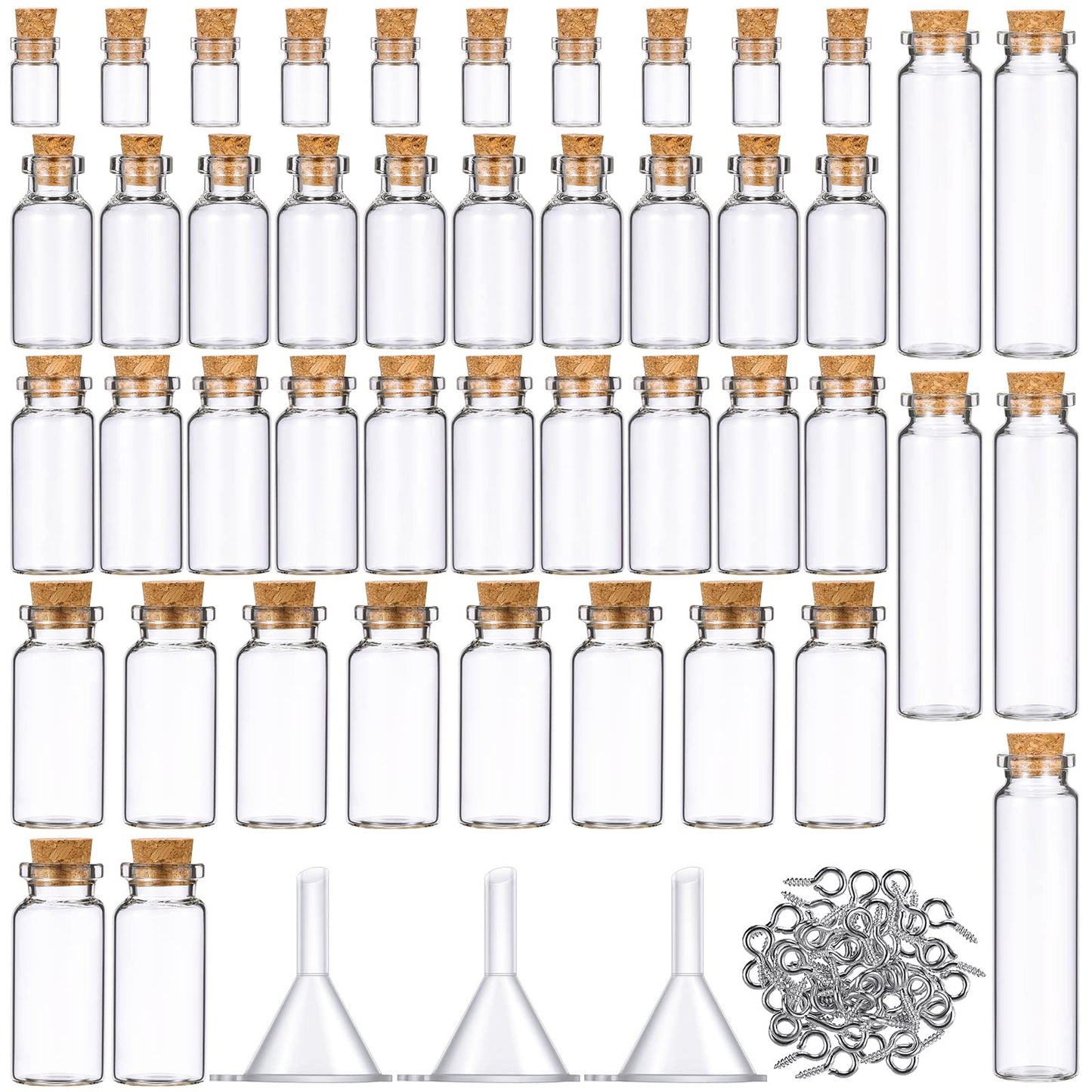 Geiserailie 45 Pcs Mini Glass Bottles with Cork Stoppers Spell Jar Mini Glass Vials Potion Bottles Clear Wishing Jars with 50 Eye Screws 3 Funnels for Party Favors DIY Art Crafts Decoration(Small)