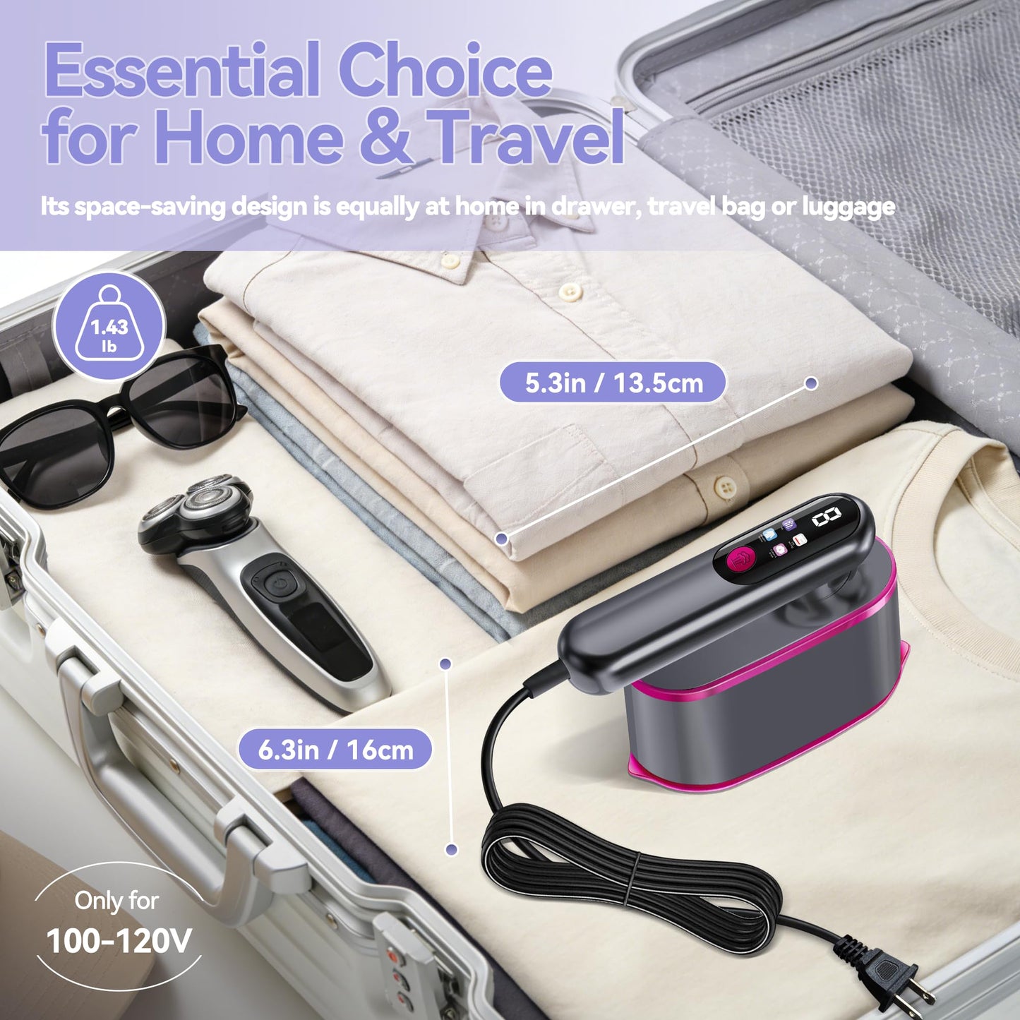 Travel Steamer for Clothes, 2-in-1 Clothes Steamer Handheld & 4 Modes LCD Display Portable Steam Iron, Hand Steamer for Clothes 1200W 15S Fast Heat-up 180ml Tank for 20Min Garment Steamer, 100-120V