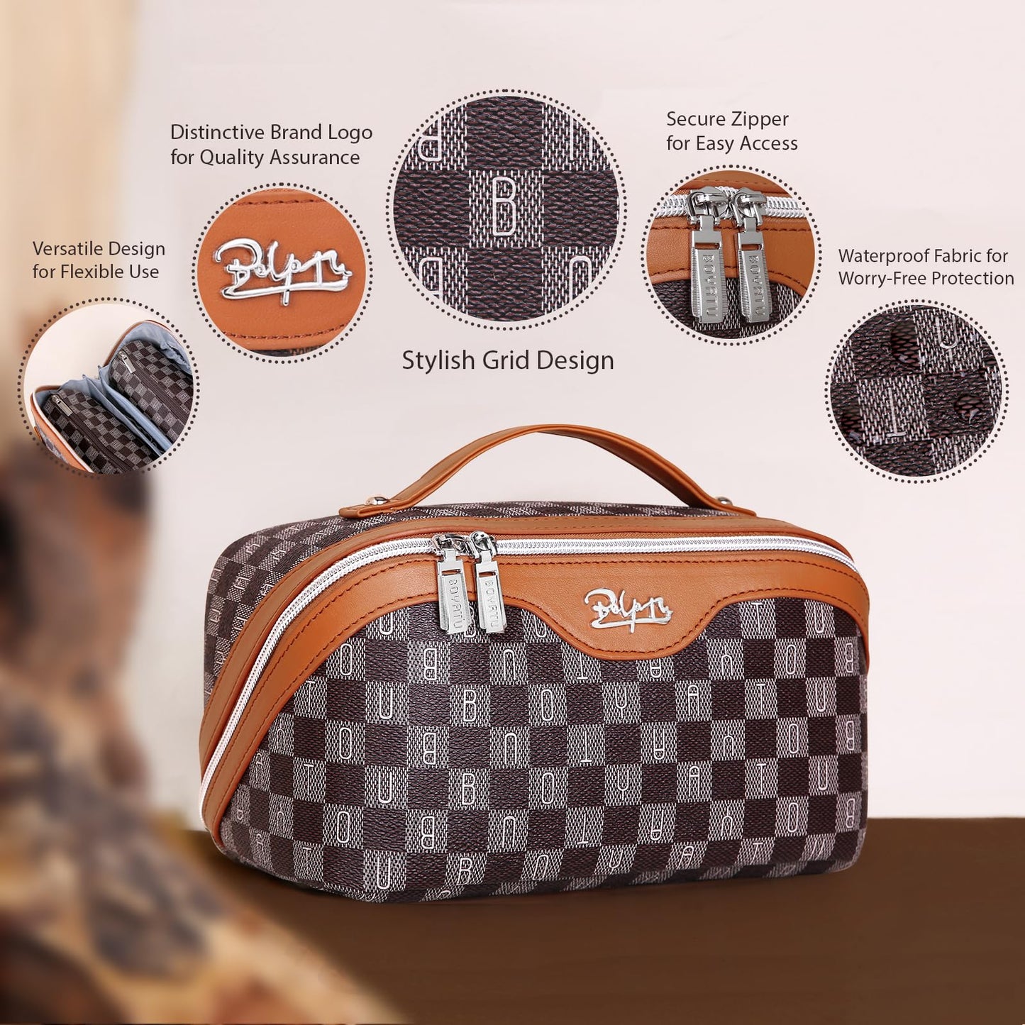 BOYATU Travel Makeup Bag Organizer Cosmetic Bag: 3 Pcs Set Make up Bags for Women with Handle - Waterproof Vegan Leather Toiletry Bags Travel Essentials Pouch with Compartments (H-01-Brown)