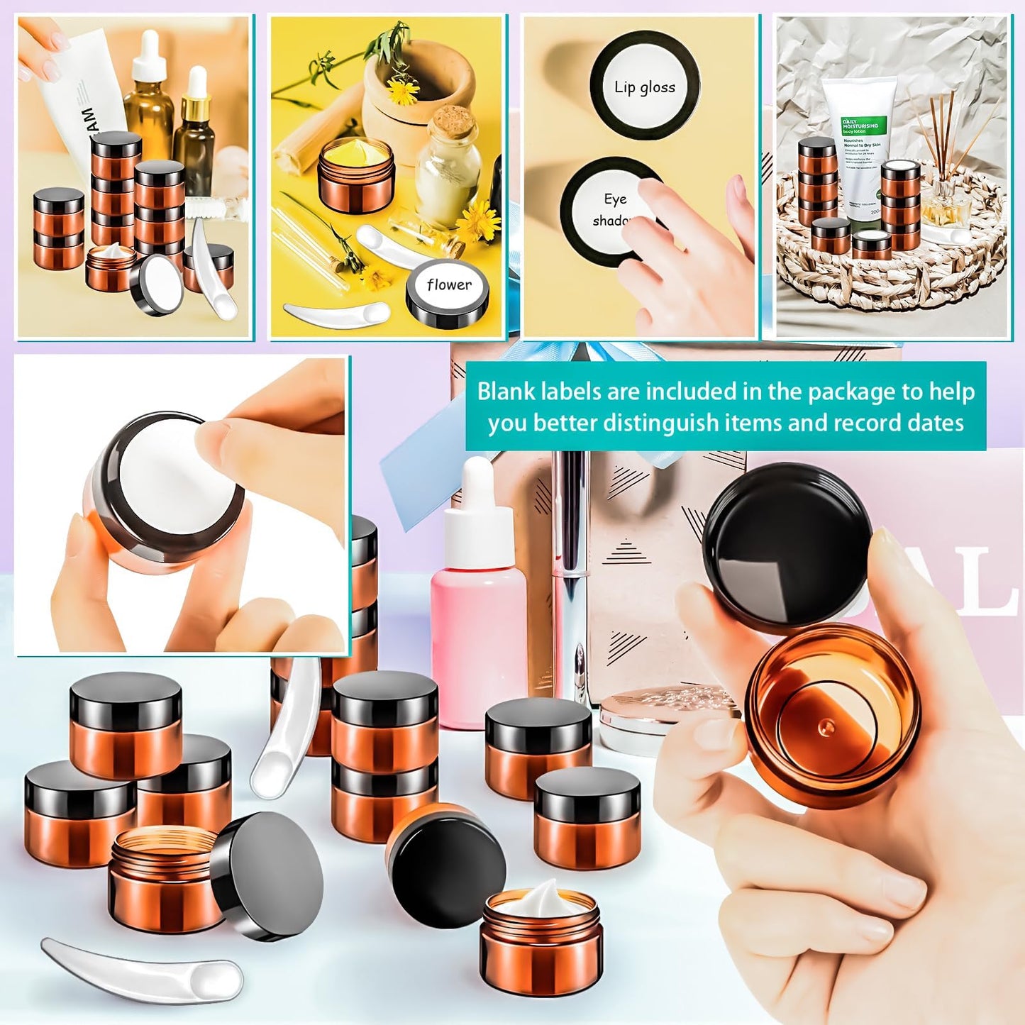MotBach 40 PCS 15g Amber Plastic Containers with Black Lids, Small Makeup Containers, 0.5oz Round Travel Cosmetic Jars with Spatulas for Liquid, Powder, Cream, Lotion