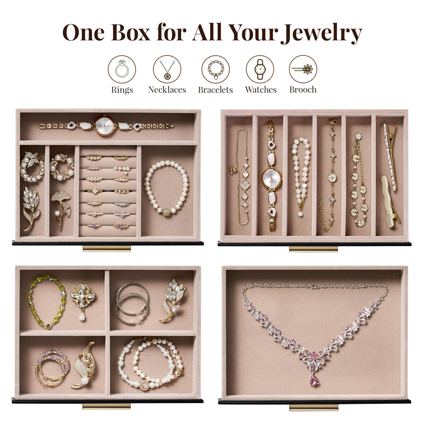 pickpiff Jewelry Box Organizer Case for Women: 4-Layer Jewelry Storage Case with Glass Window, Black Leather with Blush Velvet, Holder for Ring Necklace Bracelet Brooch Watch, Great Gift for Her