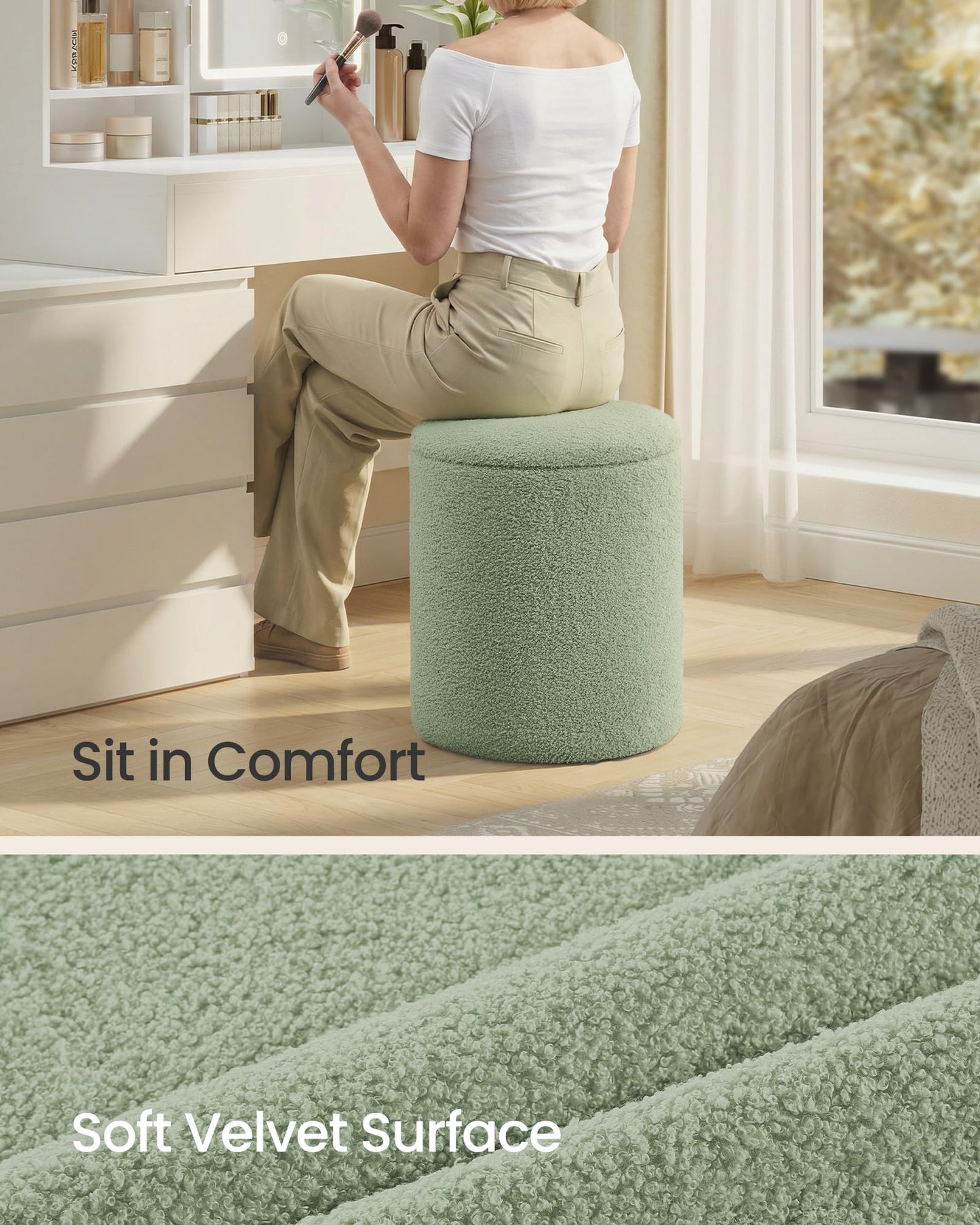 SONGMICS Vanity Stool, Set of 2, Round Storage Ottoman, Small Ottoman Coffee Table, Foot Stool, Removable Lid, for Living Room, Bedroom, Hallway, Easy Assembly, Teddy Fleece, Laurel Green ULOM013CZ01