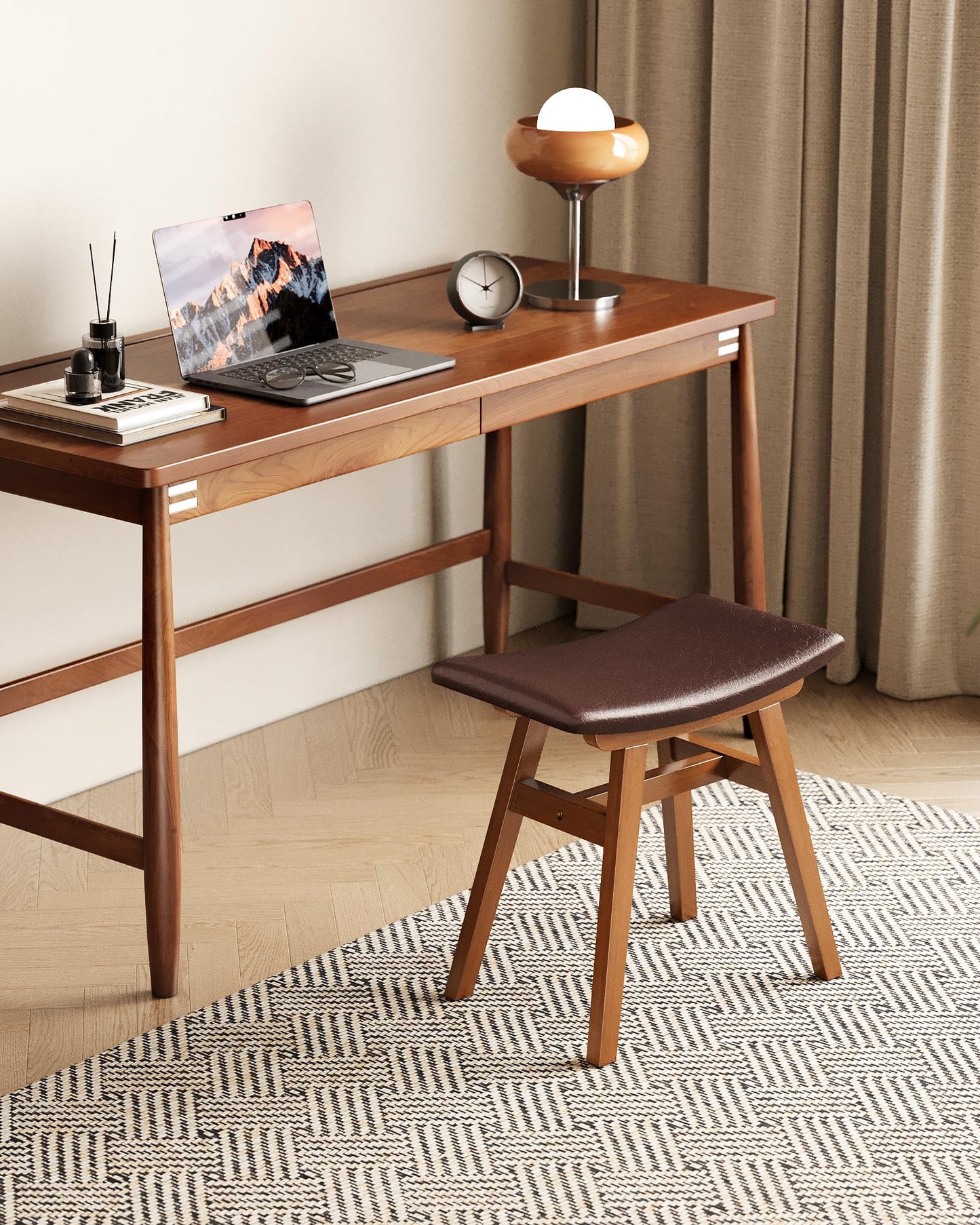 IUNVR Solid Wood Vanity Stool Chair with Leather Cushion, Comfortable Makeup Vanity Stool, Small Stool for Vanity Use, Backless Vanity Chair, Compact Makeup Chair for Bedroom & Study