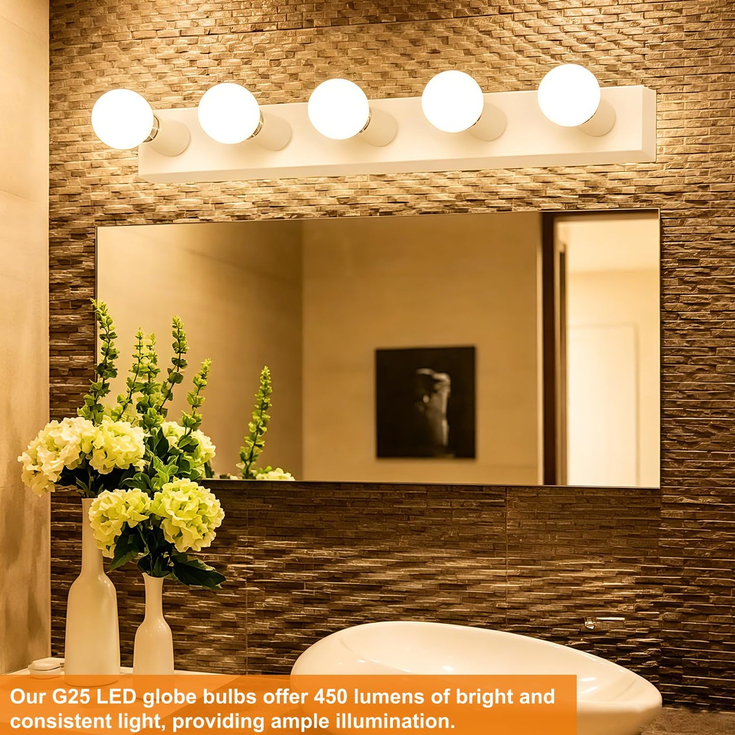 Vinaco Glass LED G25 Globe Light Bulbs 60W Equivalent, G25 Dimmable 2700K Warm White Round Frosted Vanity Light Bulb for Bathroom Mirror and Chandelier, 6 Pack Milky Frosted G 25 E26 Bulb with 450LM