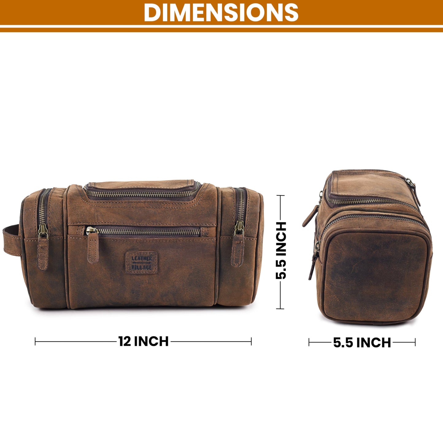 LEATHER VILLAGE Genuine Leather Travel Dopp Kit for Men & Women – Water-Resistant Large-Capacity Hanging Toiletry Bag for Travel, Grooming, Bathroom Organization, Shaving Essentials & Gym Use - Brown