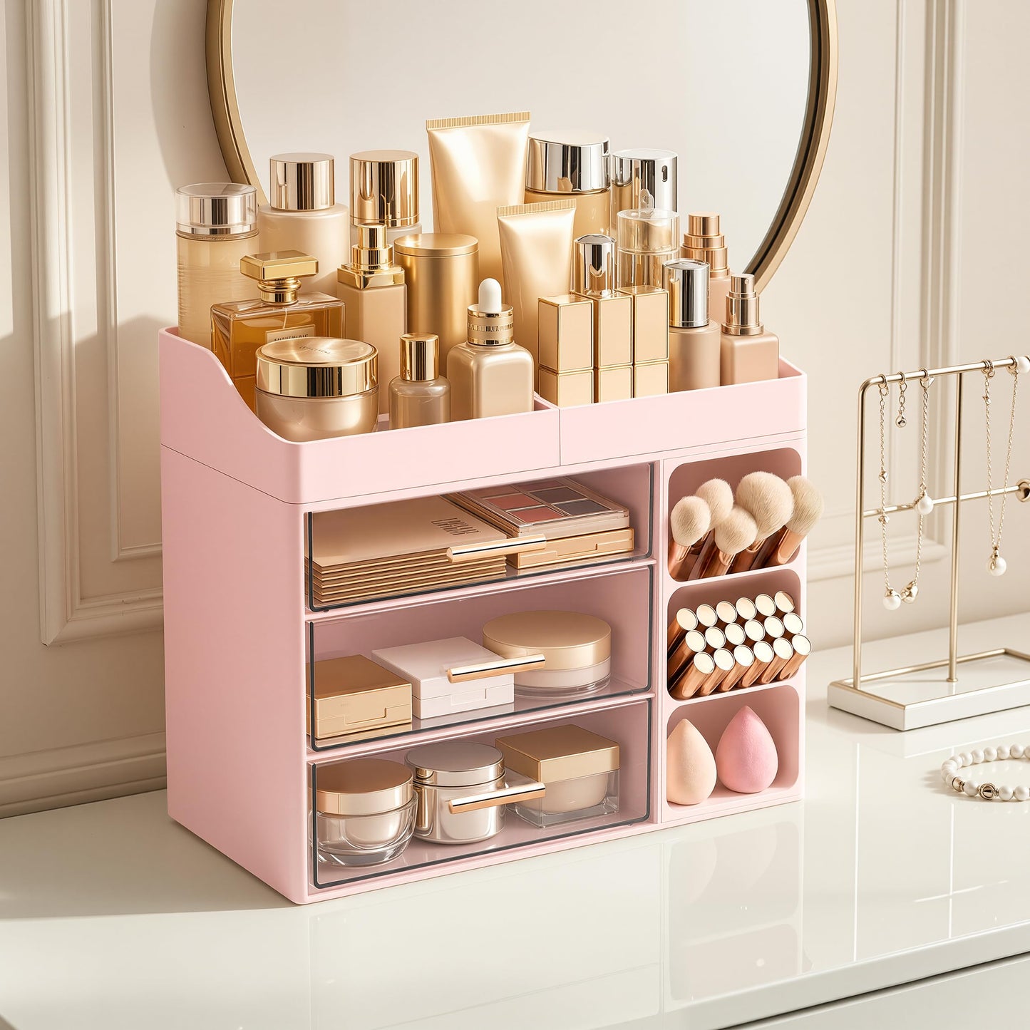 HBlife Makeup Organizer Countertop with Brush Holder,Large Bathroom Counter Organizer with Drawers,Skincare Organizers for Vanity,Plastic Dresser Organizer Storage Gift for Women Girl Mom,Pink