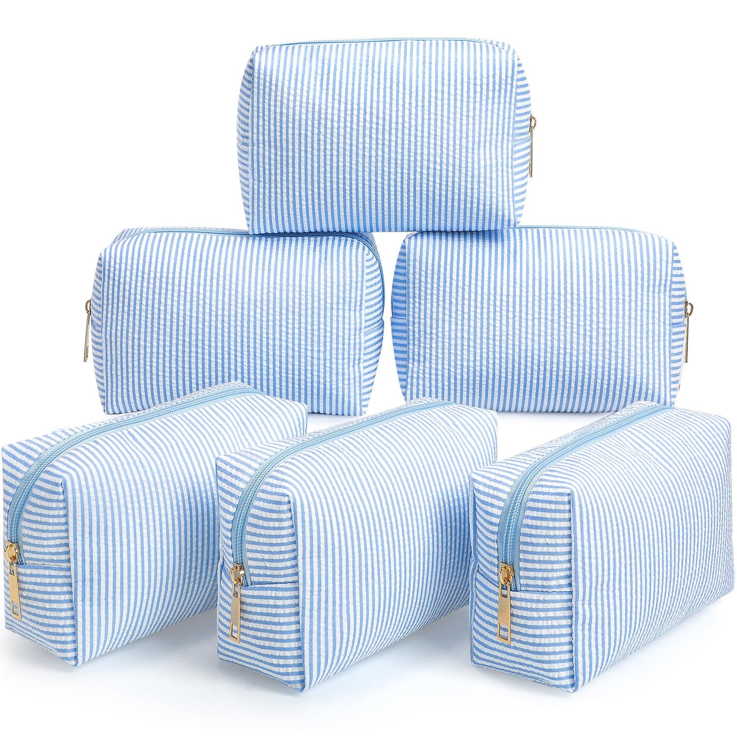 Sanwuta 6 Pcs Seersucker Cosmetic Bags Bulk Seersucker Makeup Bags Stripe Women Pouch Large Preppy Storage Pouch Toiletry Travel Organizer for Wedding Bridesmaid Bride Favor Mom Gift (Light Blue)