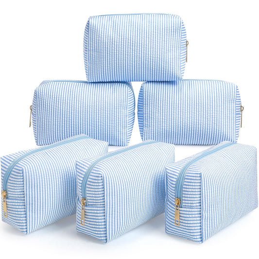 Sanwuta 6 Pcs Seersucker Cosmetic Bags Bulk Seersucker Makeup Bags Stripe Women Pouch Large Preppy Storage Pouch Toiletry Travel Organizer for Wedding Bridesmaid Bride Favor Mom Gift (Light Blue)