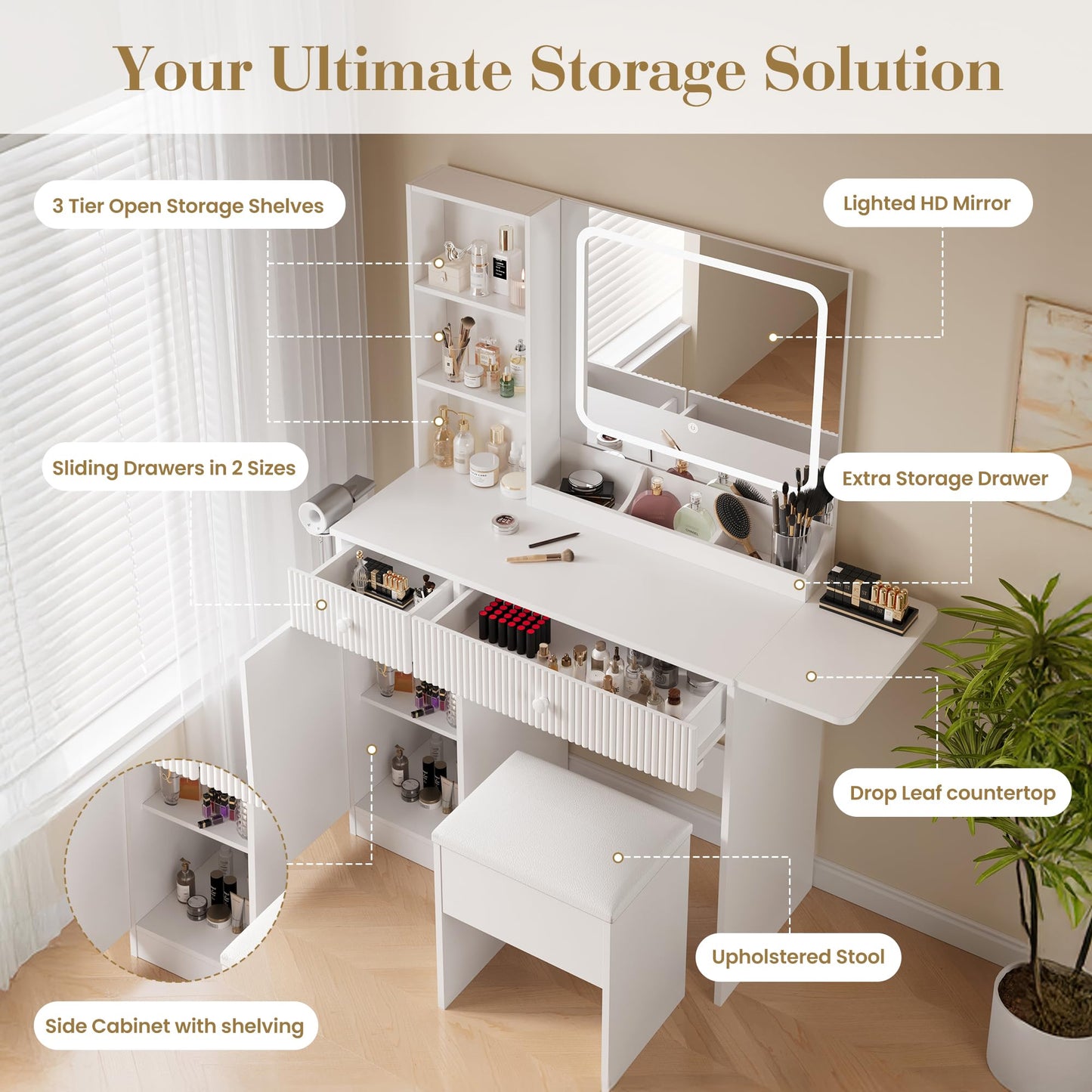 Vanity Desk with Mirror and Lights, Makeup Desk with 3 Lighting Modes, Power Outlet, Drawers & Storage Shelves, Storage Stool, Vanity for Bedroom, White