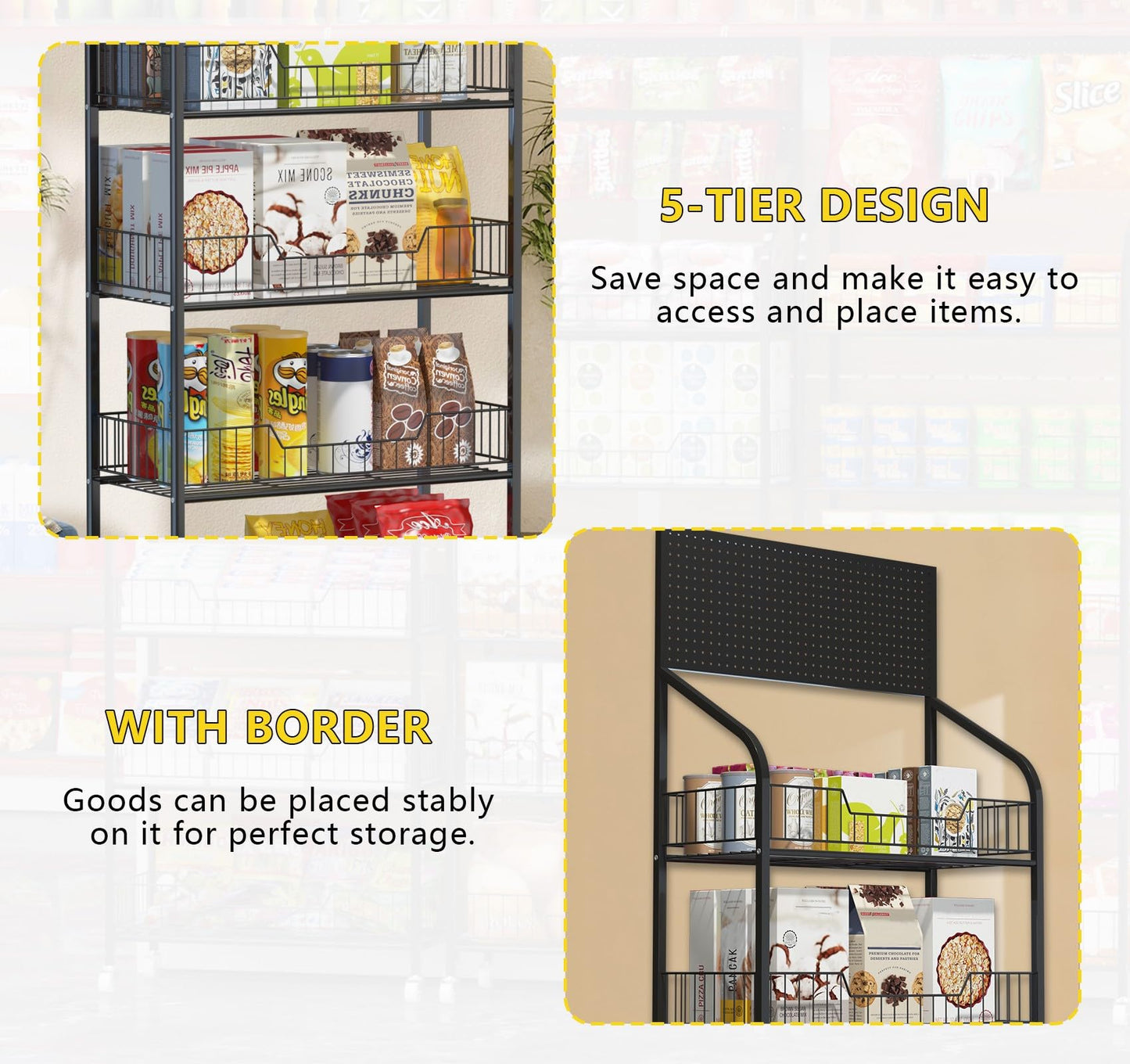 Nisorpa 5 Tier Supermarket Retail Display Racks, Free-Standing Metal Snack Candy Display Racks Cart with Wheels Chips Display Rack Stand for Convenience Stores Home Kitchen, 23.6 x 66.9 x 10.6 Inches