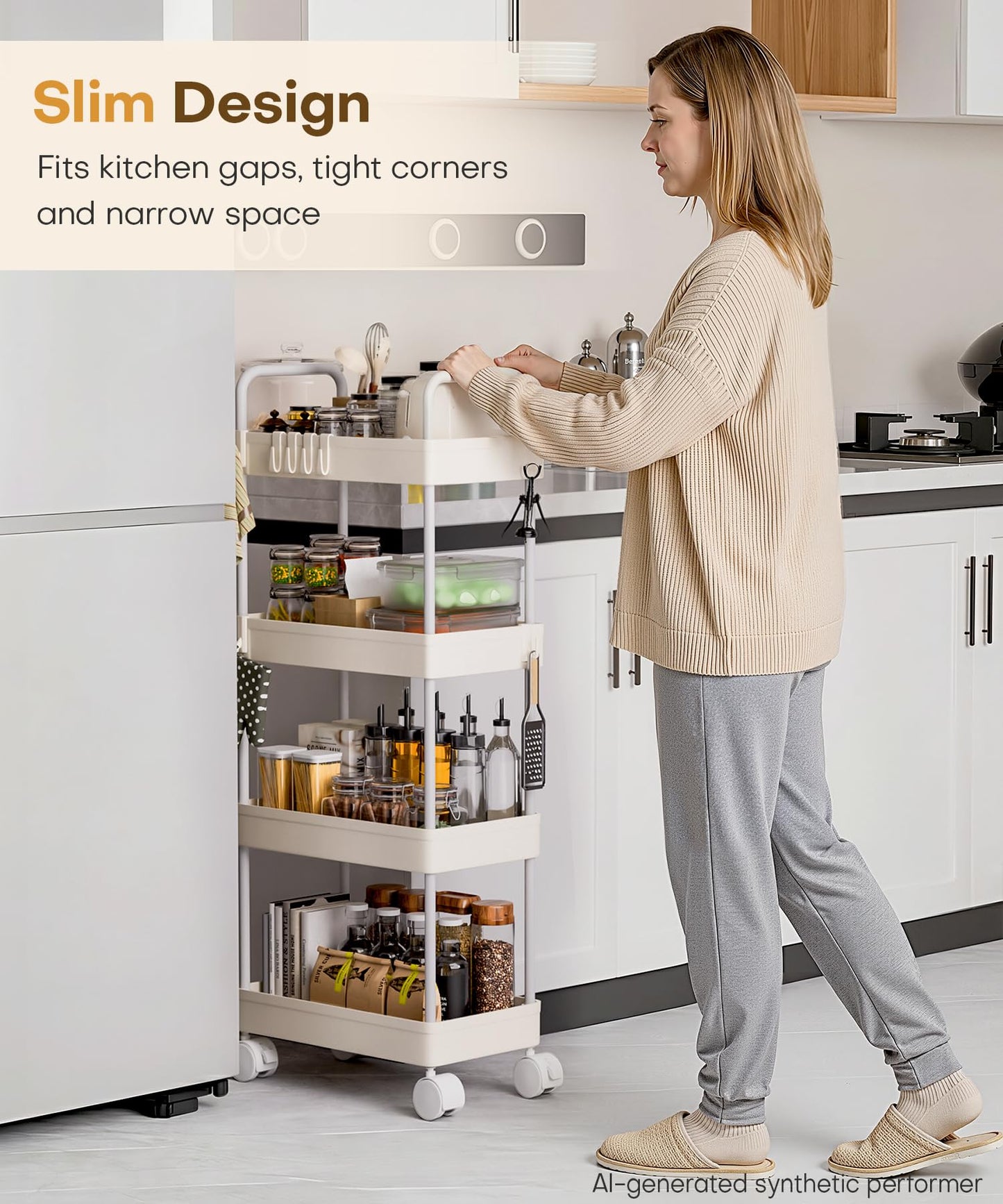 Homde Slim Rolling Cart for Kitchen: 4-Tier Space-Saving Narrow Floor Organizer - 37.4in Tall Vertical Storage for Bottles & Jars - Locking Wheels 8 Hooks for Hang & Grab
