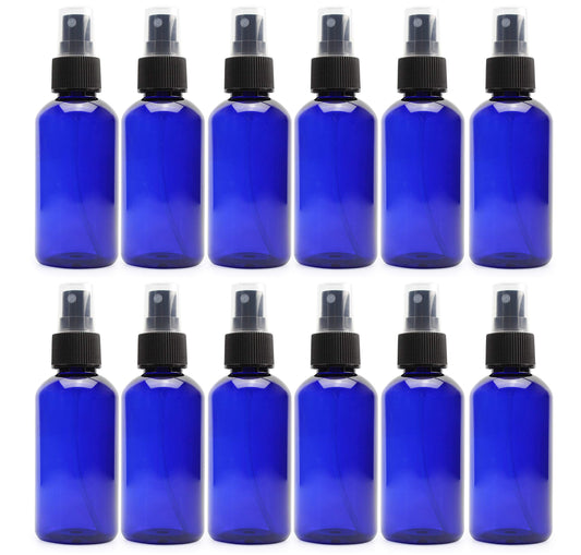 Cornucopia Brands 4oz Blue PLASTIC Fine Mist Spray Bottles (Pack of 12) BPA-Free Plastic Spritzer Bottles, Labels Included; PET #1 Plastic Bottles