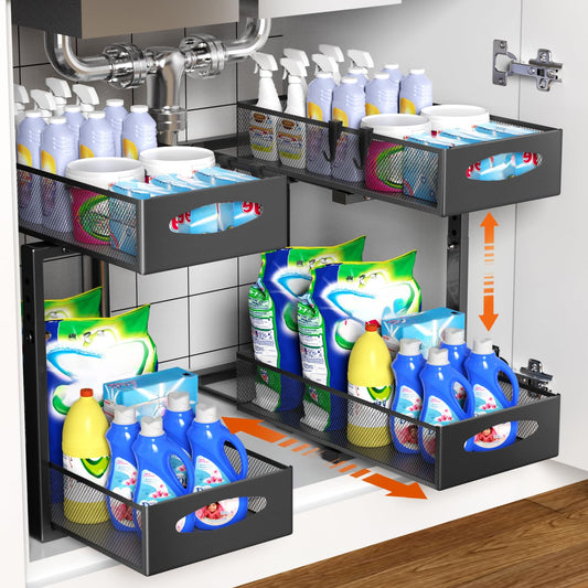 Housolution 2 Pack Under Sink Organizer, 2 Tier Metal Pull Out Under Sink Storage with Sliding Mesh Drawers, Height Adjustable Slide Out Under Sink Organizer for Kitchen Bathroom Cabinet, Black