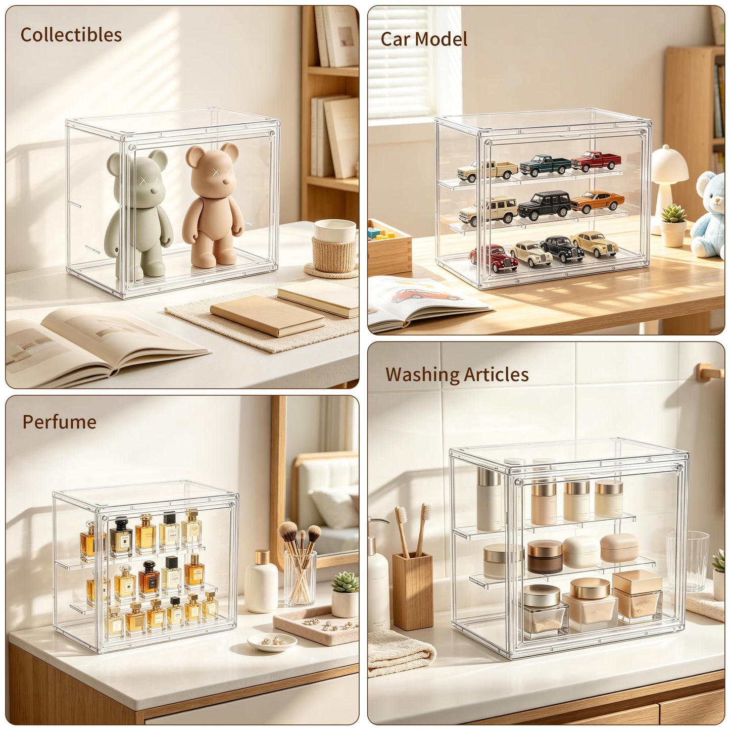 Clear Acrylic Display Case,2 Pack 3 Tier Adjustable Display Box Stand with 2 Movable Plates, Small Showcase Magnetic Door for Mini Action Figures Collectibles (Small
