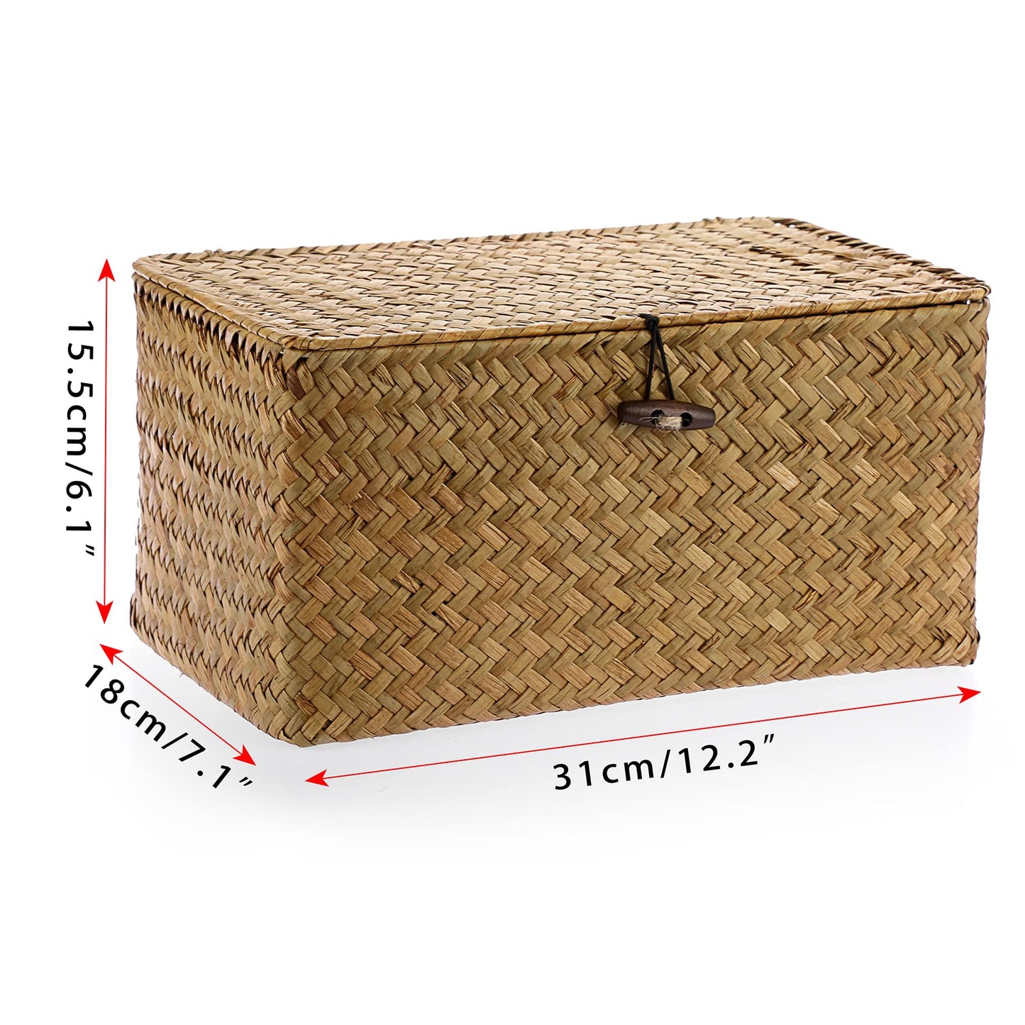 Hipiwe Wicker Shelf Baskets Bin with Lid, Handwoven Seagrass Basket Storage Bins Rectangular Household Basket Boxes for Shelf Wardrobe Home Organizer, Caramel Medium