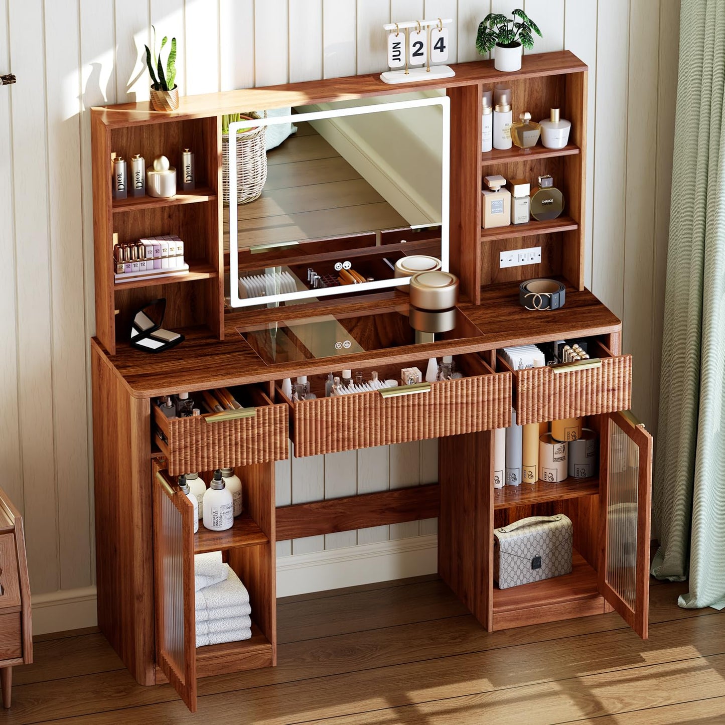 51" Large Vanity,Modern Fluted Makeup Vanity Desk with Mirror and Lights, Glass Top Vanity with 3 Drawers and 2 Cabinets&Charging Station,Dressing Table for women and girls’ bedrooms. Walnut