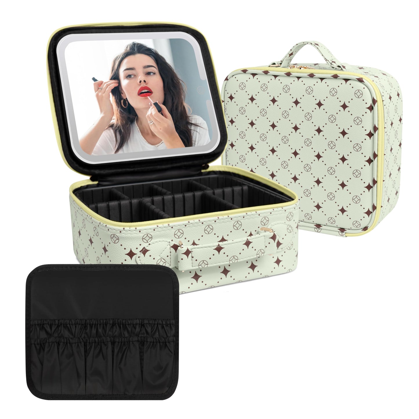 Travel Makeup Bag With 360° rotating LED Mirror,Waterproof cosmetic organizer,Portability Cosmetic case,Makeup organizer,Gift for Women,Girls Gift (Green+Yello)