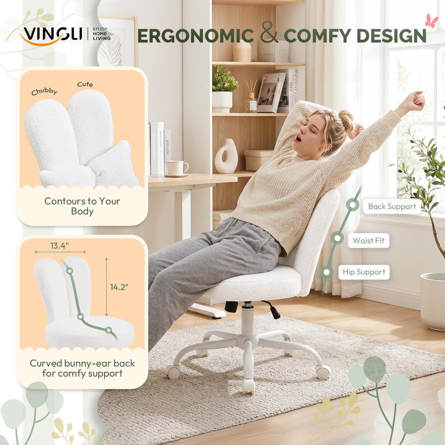 VINGLI Playful Rabbit Ear Swivel White Vanity Desk Chair with wheels&Bow Pillow,Cute Comfy Small Armless Adjustable Rolling Stool for Bedroom/Home Office,for Kids,Teens,Girls,Women,Adults,Teddy Fleece