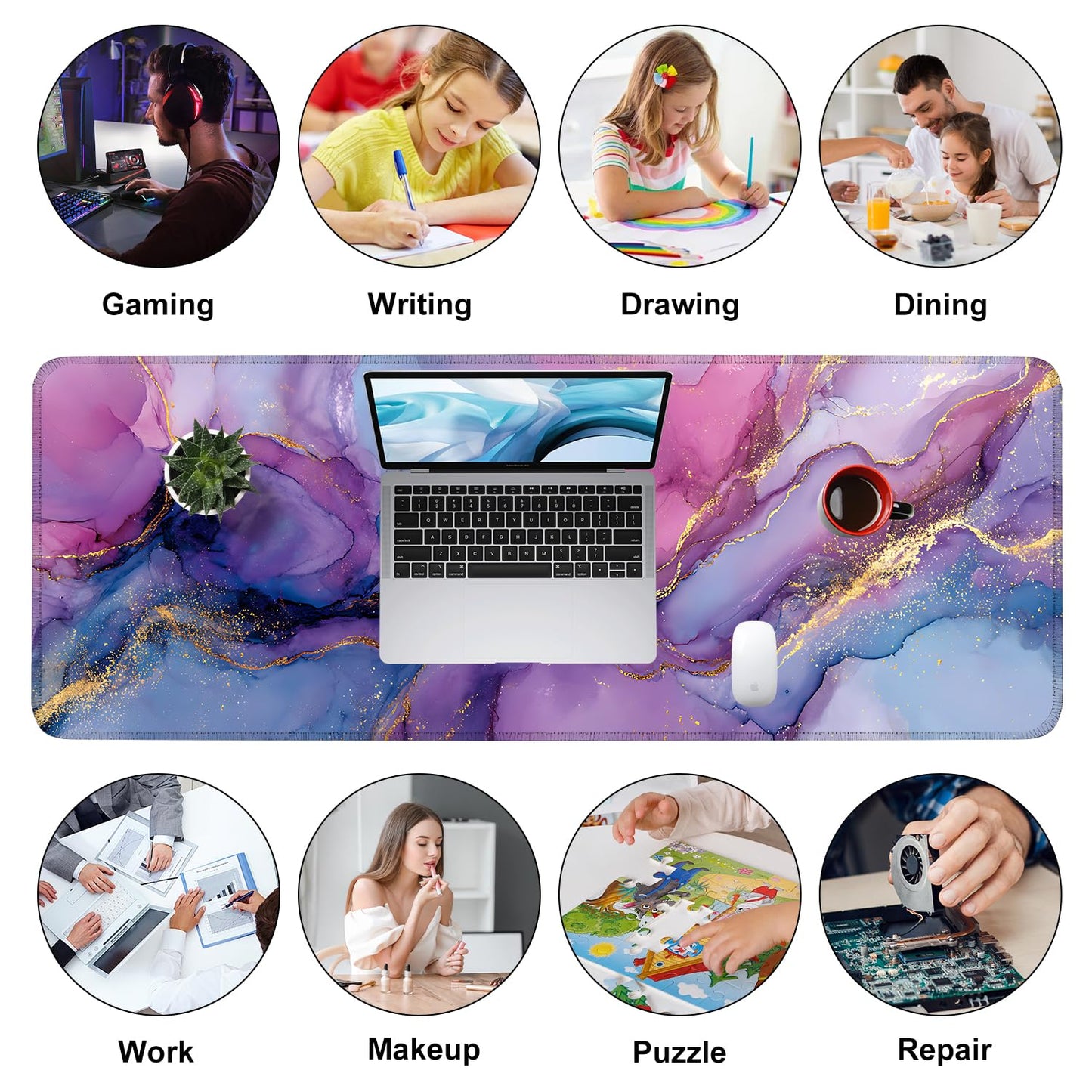 Purple Marble Ink Mouse Pad – Large Extended Desk Mat 31.5 x 11.8 in– Alcohol Ink Watercolor with Gold Vein Design, Non-Slip Base, Waterproof Surface, Aesthetic Keyboard & Mouse Pad