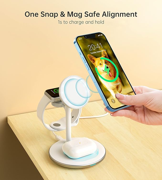 XooFly 3 in 1 Wireless Charging Station for Apple Devices, 15W Fast Wireless Mag-Safe Charger Stand with 20W Adapter for iPhone 17 16 15 14 13 12 Pro Max/Air/Plus/Pro/Mini,iWatch,AirPods (White)