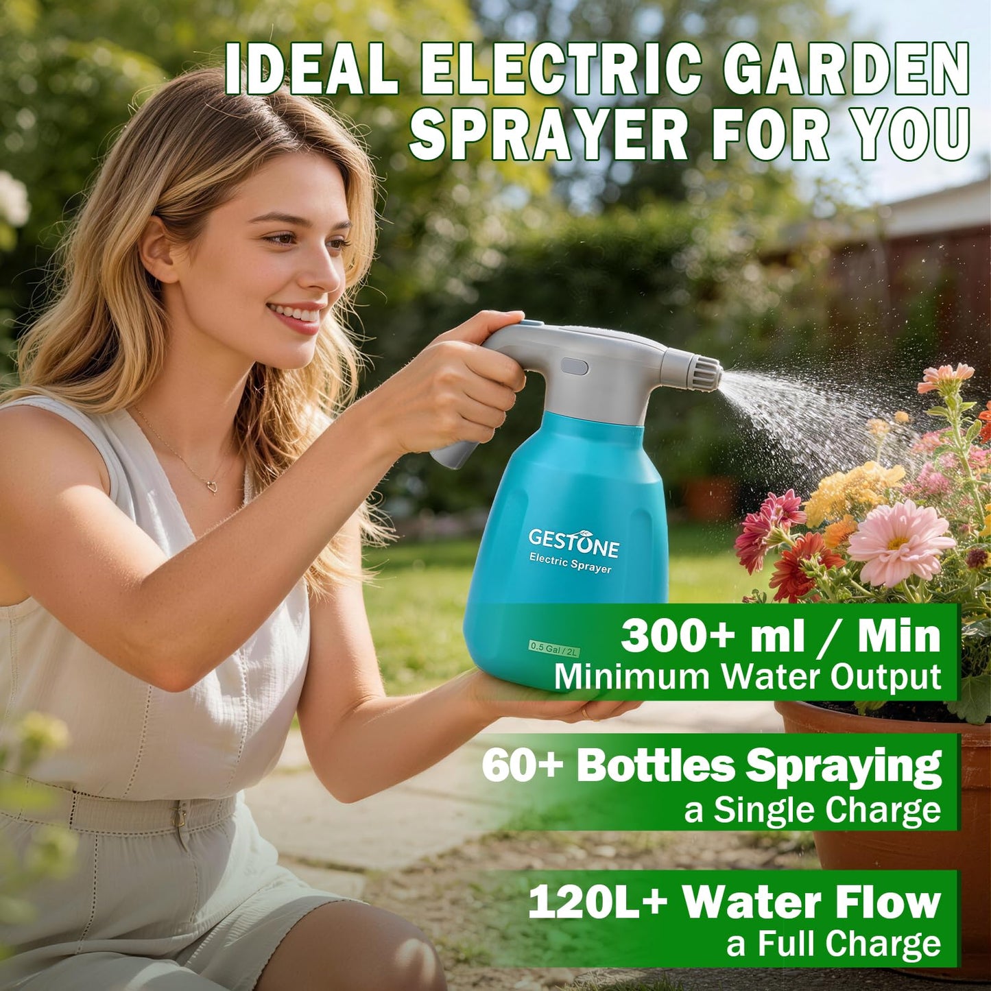 GESTONE Electric Spray Bottle 2L/0.5 Gallon Plant Mister, Automatic Watering Can Rechargeable Battery Powered Garden Sprayer with Adjustable Nozzle for Plants Fertilizing,Weeding and Cleaning