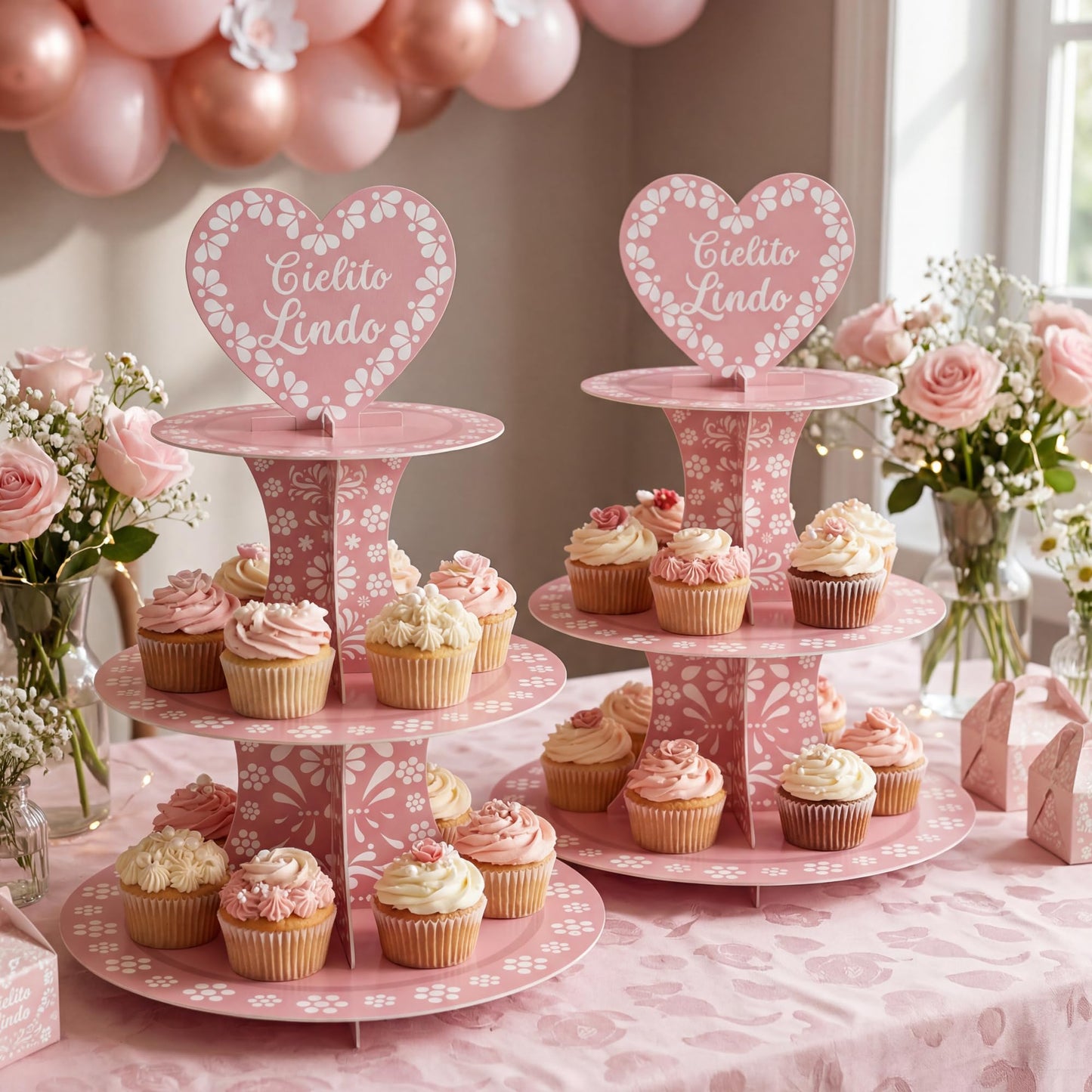 2PCS Pink Mexican Terracotta Cupcake Stand, 3 Tier Cupcake Dessert Tower