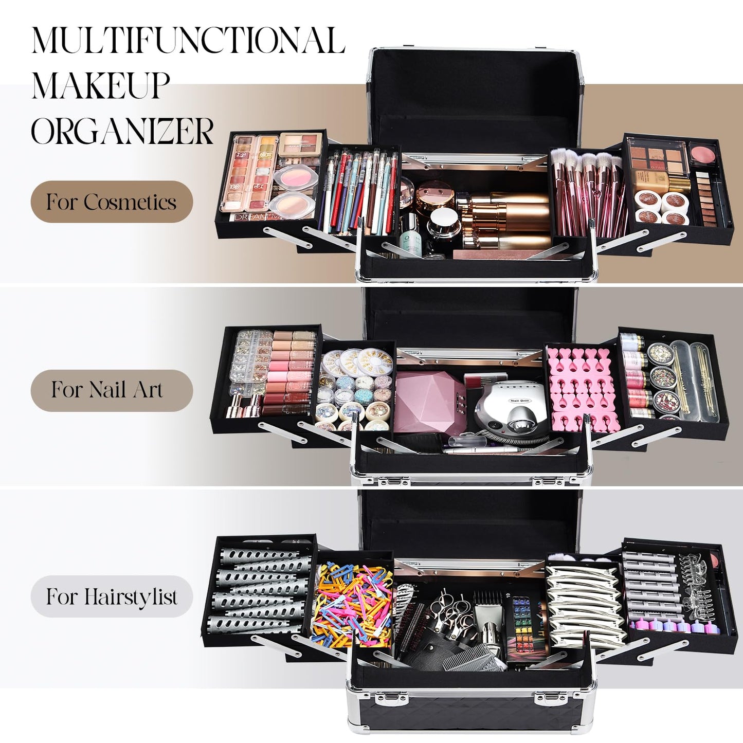 Yueieoun Rolling Makeup Train Case, 4-in-1 Cosmetology Case on Wheels, Nail Tech Cart for Travel, Professional Cosmetic Vanity Case, Suitcase for MUA/Manicure/Tattoo/Style, Lockable Storage Box, Black