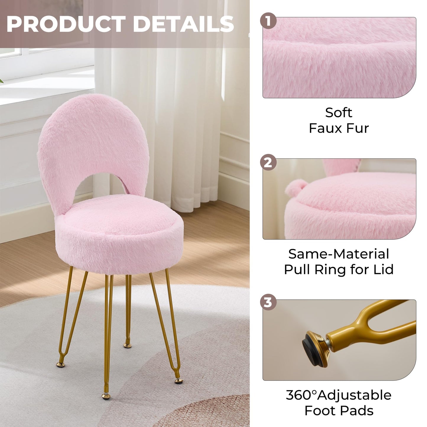 RUCUKEN Faux Fur Pink Small Vanity Chair & Stool - 13" Dx13 W Folding Back Storage Ottoman, Anti-Slip Golden V-Leg for Bedroom Makeup Room