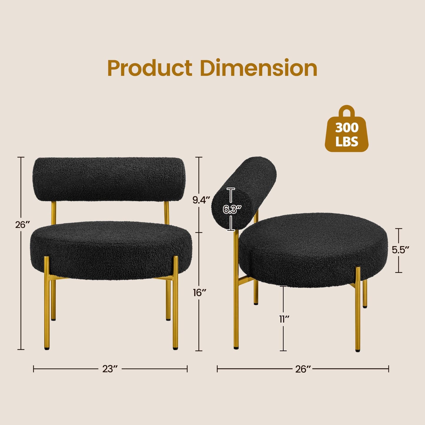 Topeakmart Modern Vanity Chair, Boucle Fabric Accent Chair with Gold Metal Legs for Living Room Makeup Room, Black