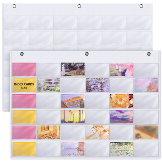 Fullhawl 2 Pcs Business Card Index Card Holder Sleeve Slots Organizer Hanging Wall Mount Pocket for Office, Home Studying, Organizing Pocket Chart (4" x 6" 36 Slots)