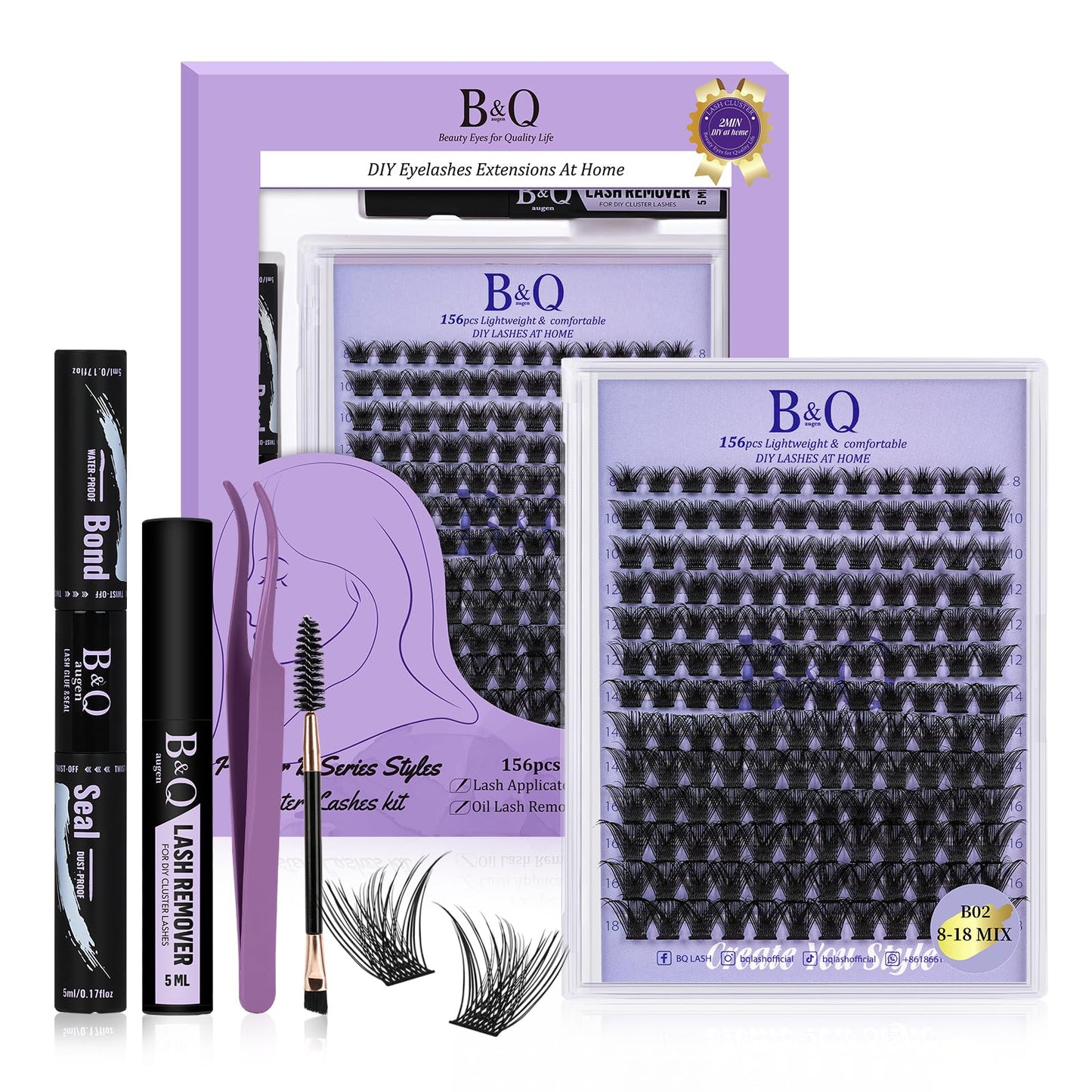 B&Q Wispy Lash Clusters Kit B02, DIY Lash Extension Kit 156PCS Eyelash Extension Kit, Soft Natural Lash Clusters 8-18MIX D Curl Lash cluster, Thin Black Band Cluster Eyelash Extensions (B02 Set)