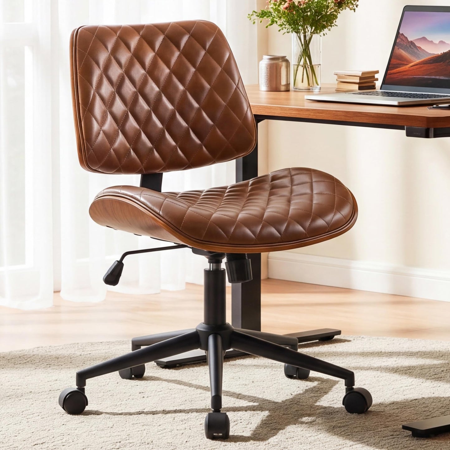 Furnimart Armless Small Desk Chair with Wheels, 360° Swivel Faux Leather Vanity Chair for Bedroom, Compact Home Office Task Chair for Small Spaces, Heavy-Duty Wood Frame(PU Brown)