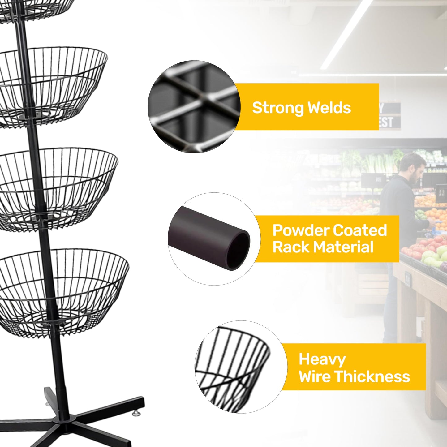 STEELAID 4 Tier Rotating Wire Basket Display Stand Dump Bin, Heavy Duty Metal Floor Merchandising Rack for Candy Snacks Chips Toys Drinks, Spinner Retail Organizer with Stable Cross Base, Black