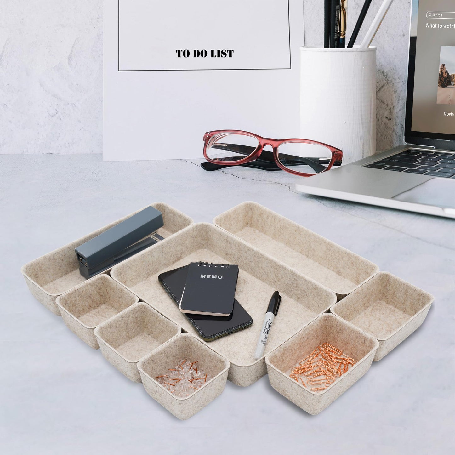 Welaxy 8pc Nordic Minimalist Desk Organizer Tray Beige Oatmeal Storage