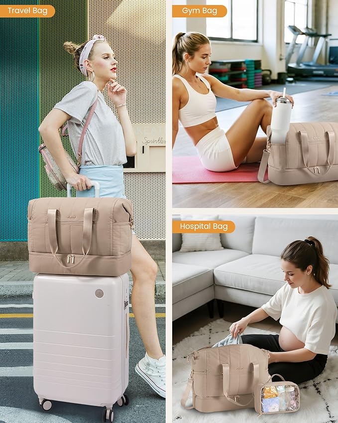 LOVEVOOK Travel Duffle Bag,Puffer Weekender Bags For Women with Shoe Compartment,42L Carry On Duffel Bags For Airplanes,Hospital for Labor and Delivery,Overnight Bag With Toiletry,3Pcs Set