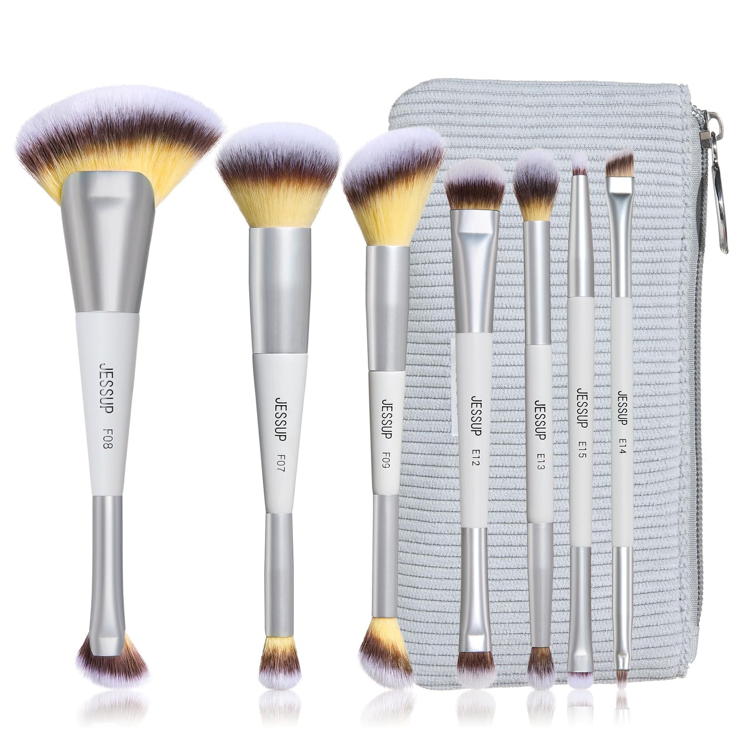 Jessup Makeup Brushes Set 7pcs Dual Ended Makeup Brush Premium Synthetic Foundation Contour Blush Highlight Blending Eyebrow Eyeshadow Shader Concealer Brush with Bag, Quiet Gray T520