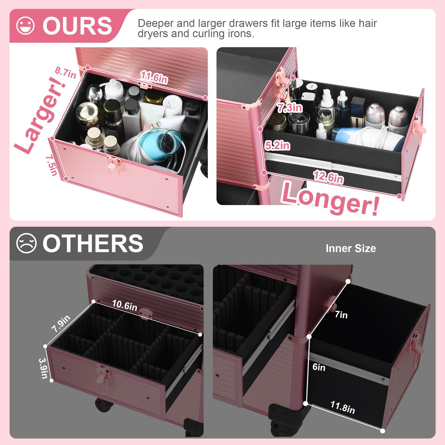 Somduy Makeup Train Case with Drawer, Rolling Makeup Case, Cosmetology Case on Wheels, Gift, Travel Makeup Organizers, Profesional Cosmetic Case for Salon Barber,Nail,Tattoo, Pink