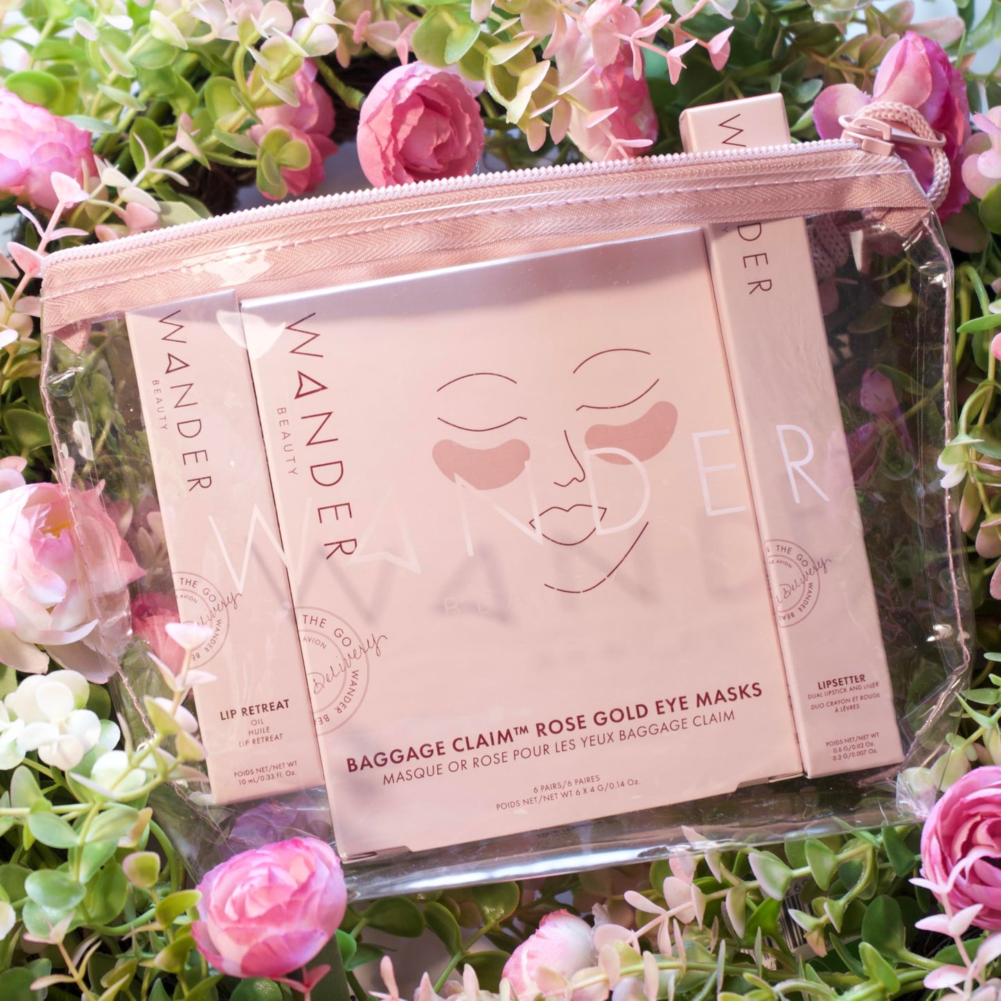 Wander Beauty Love at First Flight Bundle, Makeup Set with Rose Gold Eye Masks, Lip gloss, Lipsetter Dual Lipstick and Liner, Travel Bag
