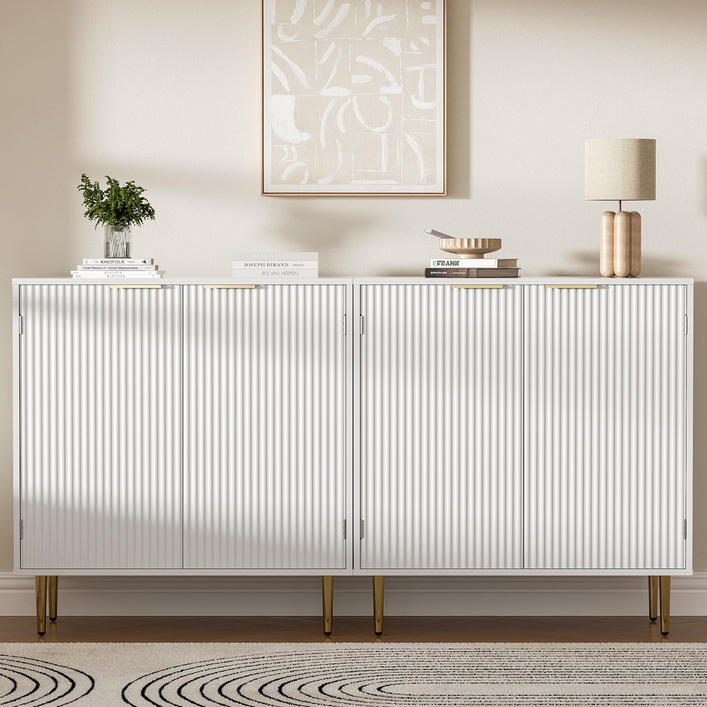 Housoul Fluted Cabinet with Storage, 2 Doors Sideboard Buffet, Modern Accent Cabinet with Adjustable Shelves, Entryway Cabinet for Dining Room, Living Room, Kitchen, White