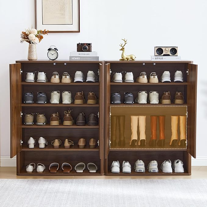 Tall and Large Shoe Storage Cabinet Set of 2 with Doors and Adjustable Shelves, 5-Tier Modern Shoe Rack Cabinet Storage for Entryway, Entrance, Hallway, Foyer/Kitchen Sideboard - Walnut