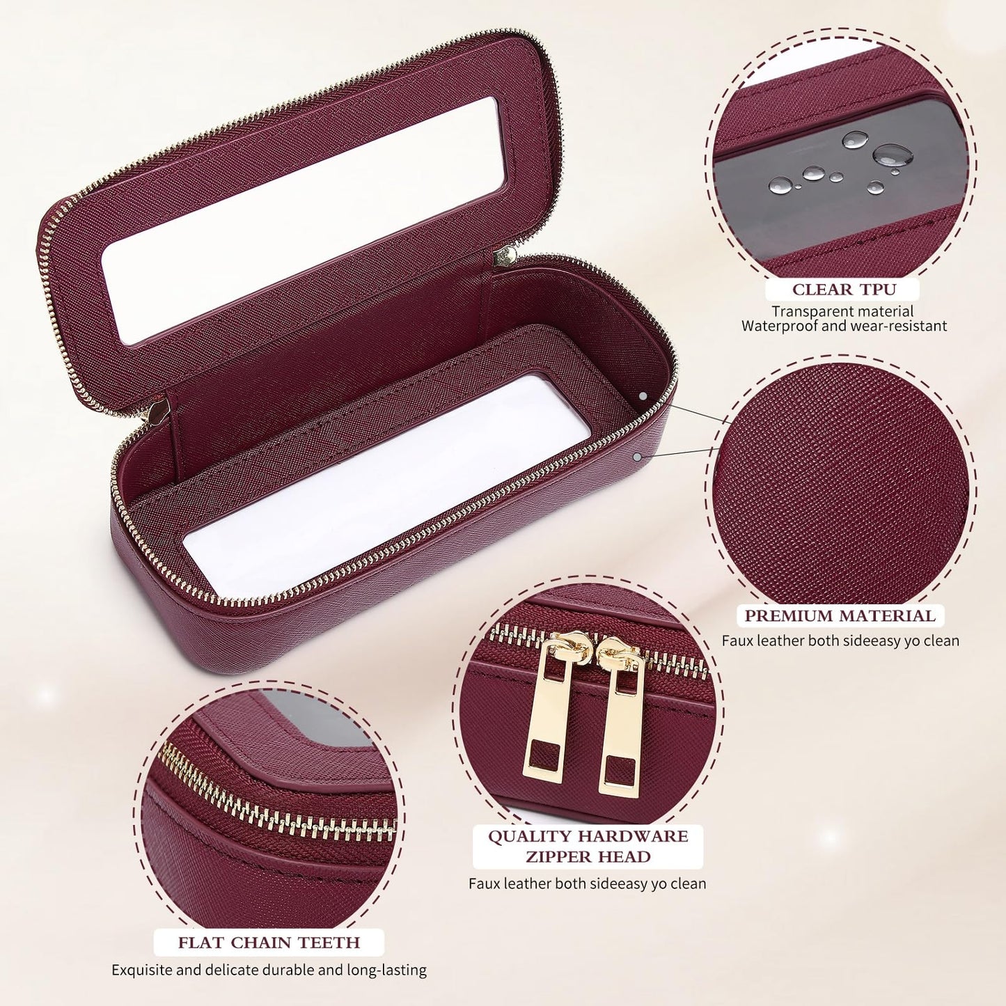Pinkmik Clear Makeup Bag with Brush Bag 3pcs Waterproof Travel Case for Cosmetics and Toiletries Women's Makeup Organizer with Zipper (X/Burgundy, L+M+SLIM)