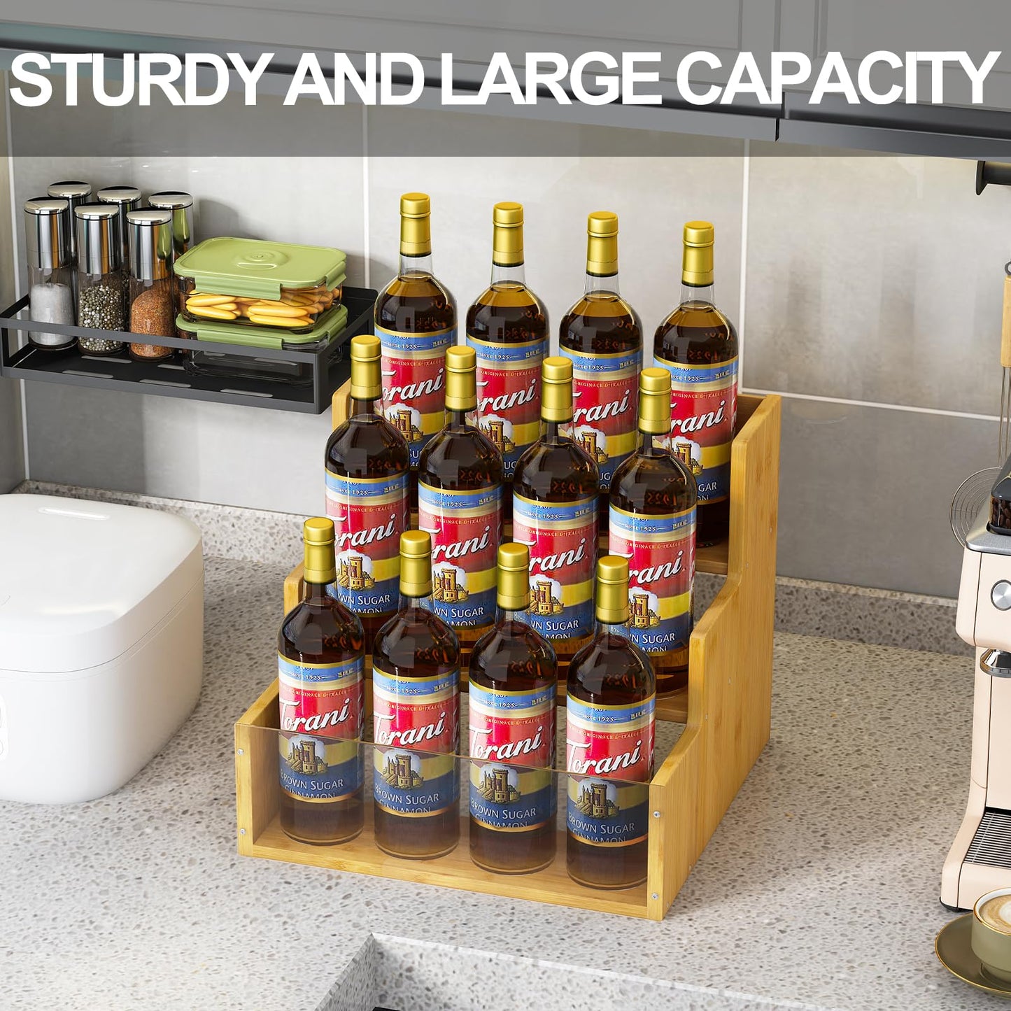 AEEHFENG Liquor Bottle Display Shelf Bar Shelves - Bamboo 12 Bottle Syrup Rack for Coffee Bar, Wine Bottle, Spices, Liquor and Whiskey Bottle Display