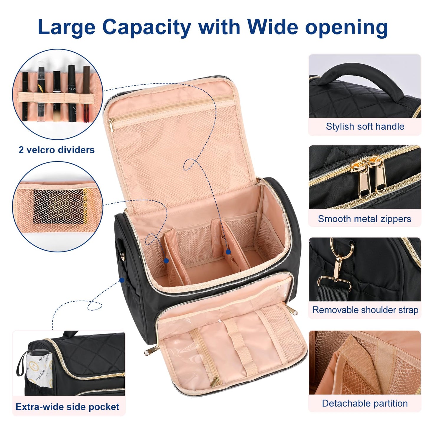 GR69N Travel Toiletry Bag Large Cosmetic Makeup Bag Organizer for Women,Wide-open Make Up Bag Waterproof Makeup Case Travel Bag with Handle and Dividers for Toiletries,Essentials,Accessories,Black