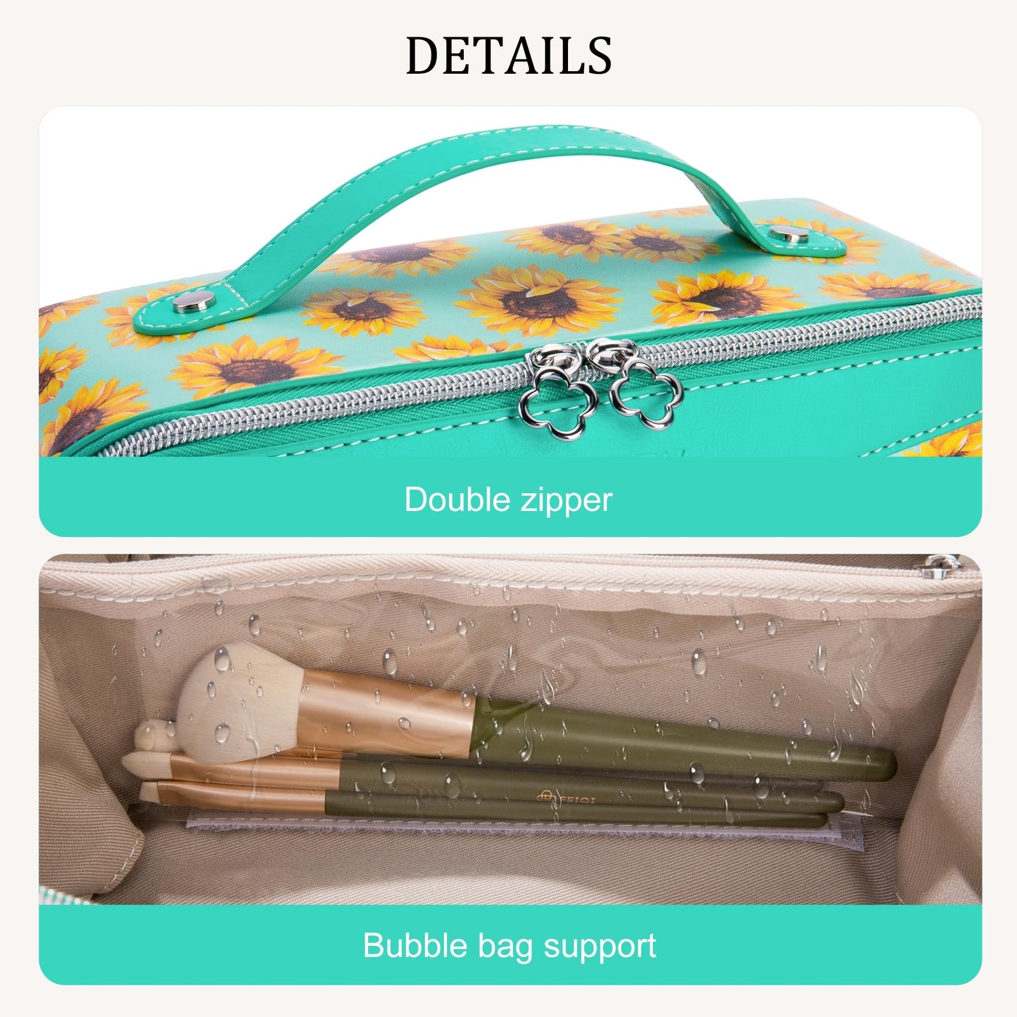 Mrsdry Travel Makeup Bag，Large-capacity waterproof cosmetic bag，Travel bags and toiletries bags for women，PU leather material，Multi-zone and large opening design (Sunflower)